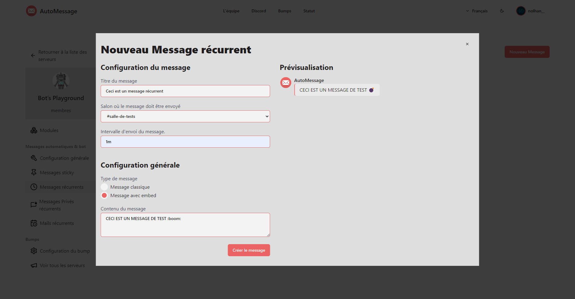Popup permettant la création d'un nouveau message (anciennement page dédiée)